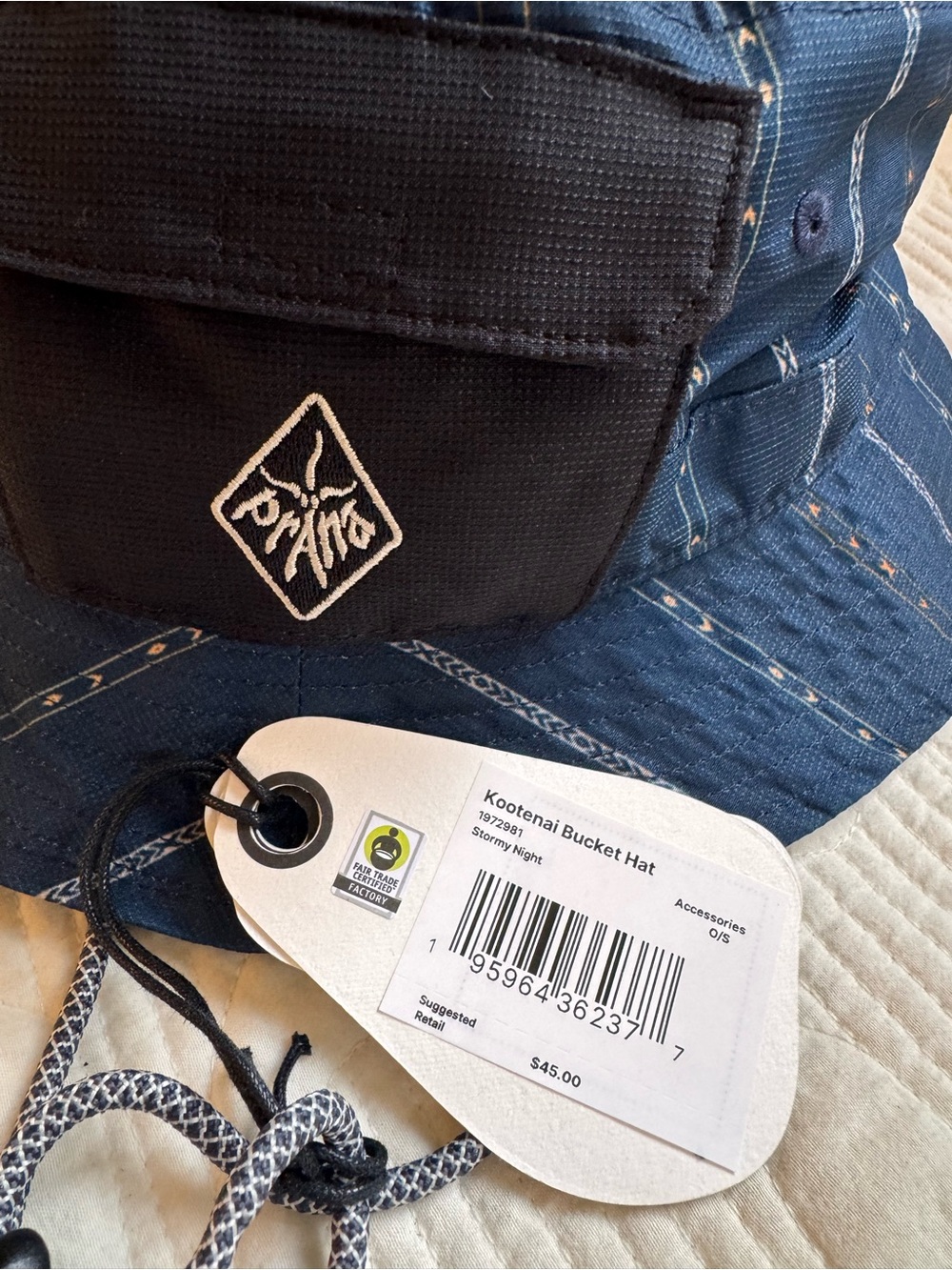 Prana Navy Patterned Bucket Hat with Chin Cord View 3